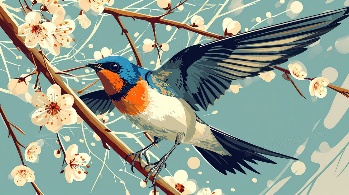 盛开的樱花树上的小鸟插画