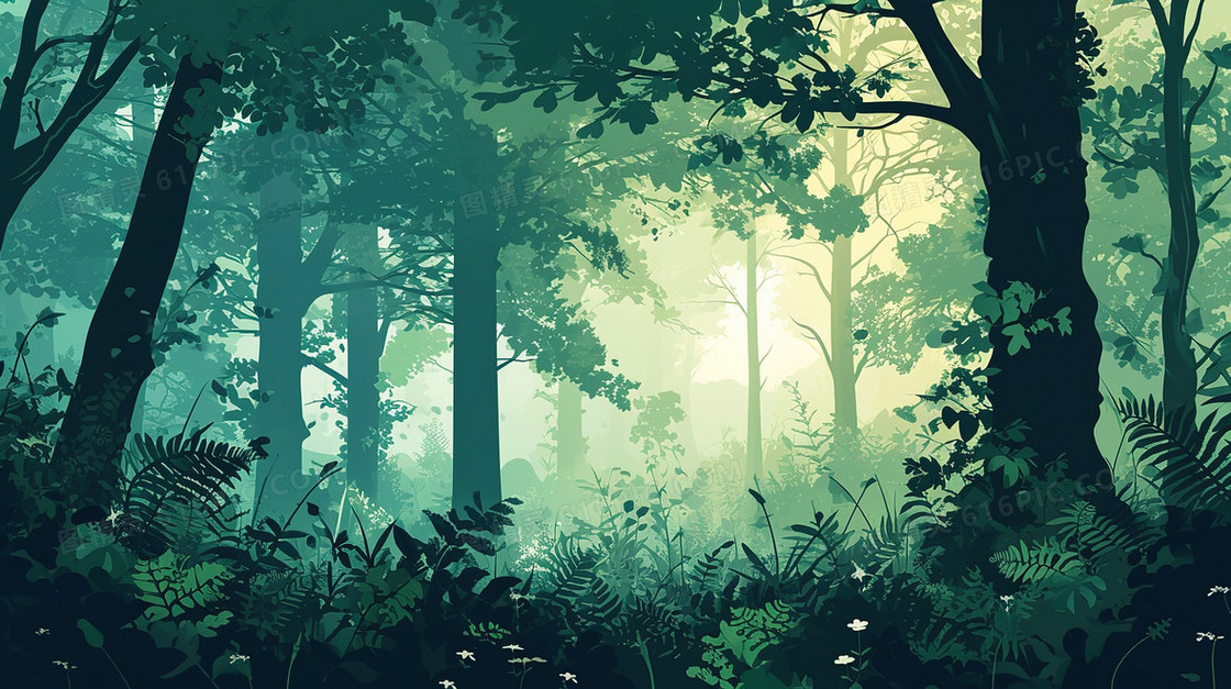 春季阳光照射的茂盛的森林插画