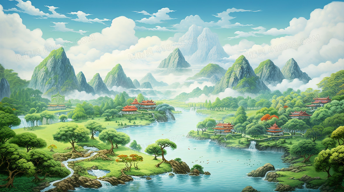 中国山水图 中国山水风景俯瞰插画背景图片下载_2912x1632像素JPG格式_编号