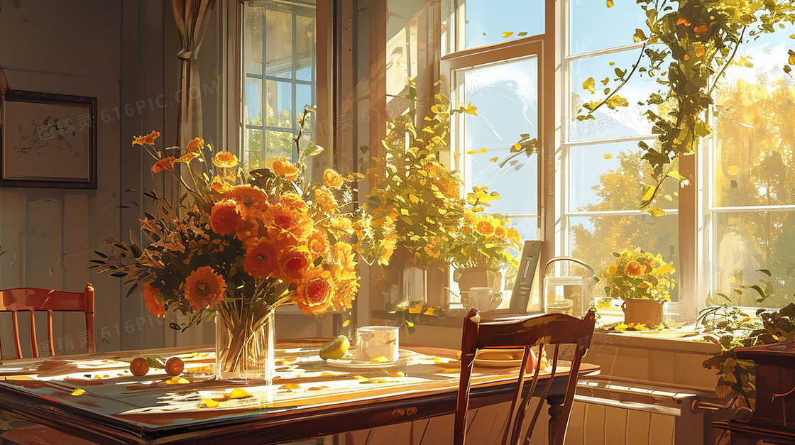 窗前花瓶里美丽的花束插画