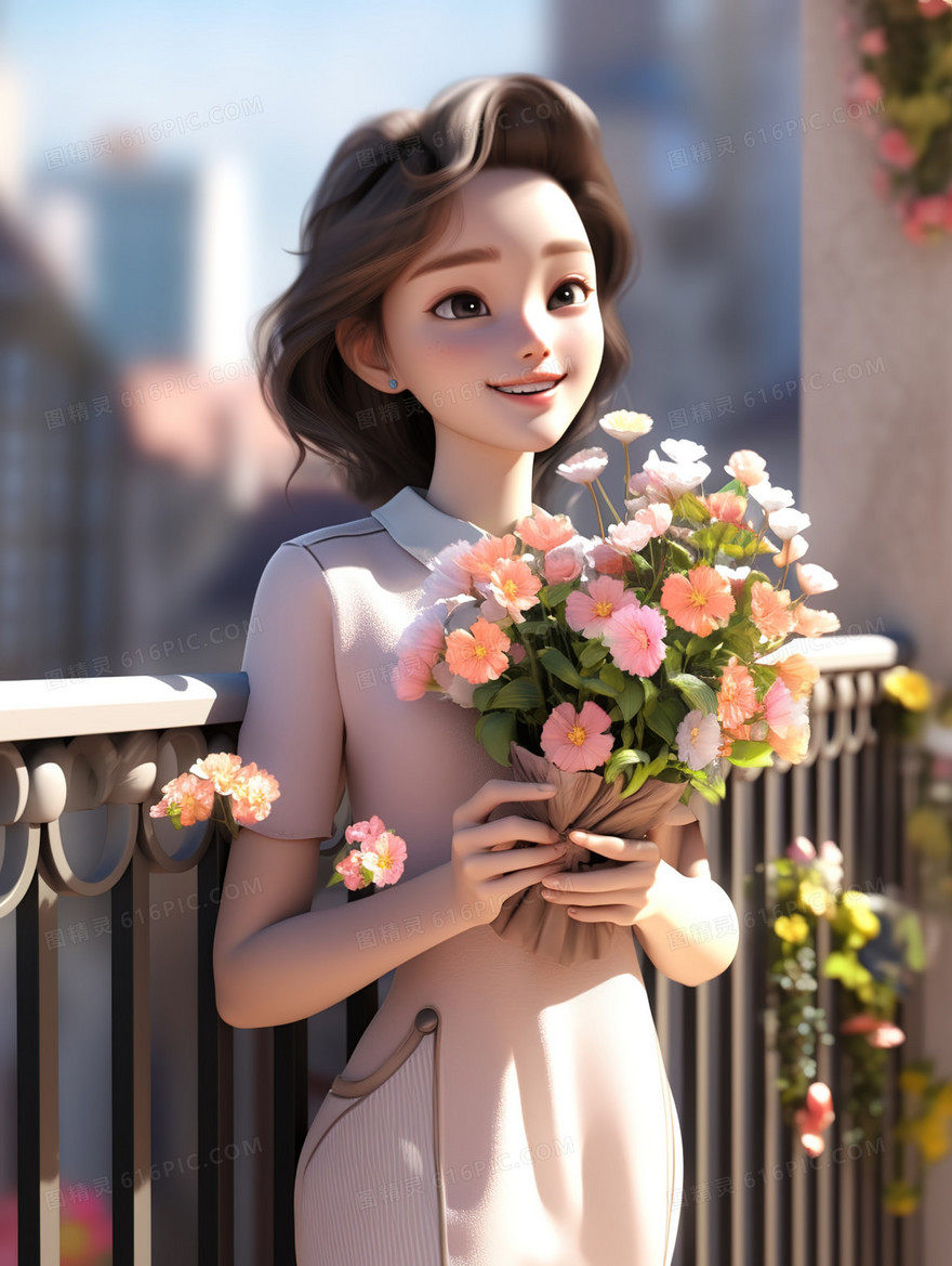一个跟花朵合照的年轻女孩3D插画