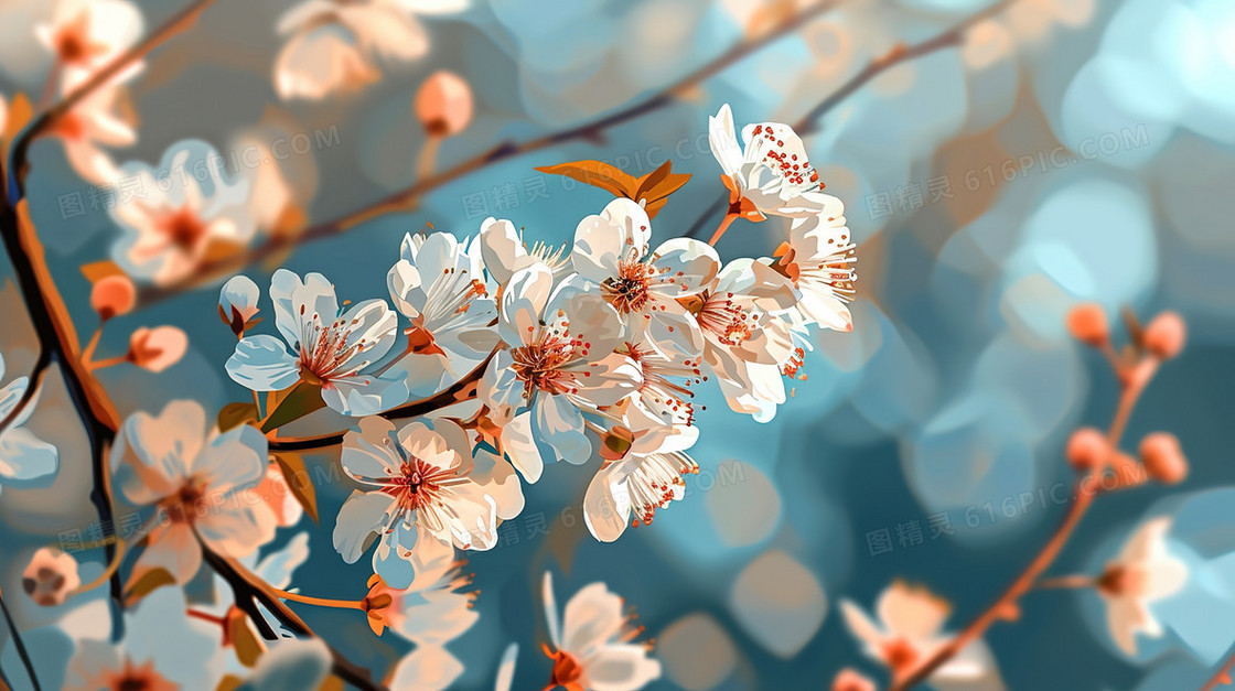 春天绽放的花树插画