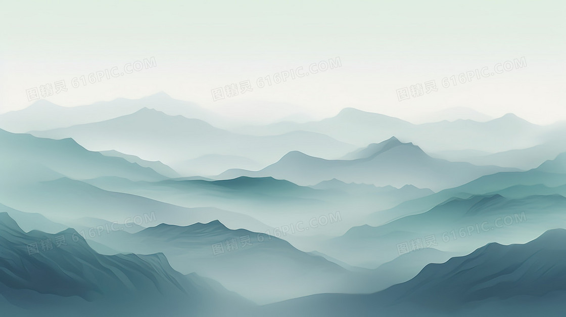 山雾袅绕的群山峻岭山水插画