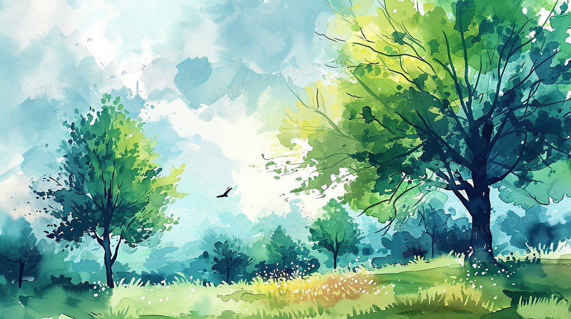 草地树木风景水彩晕染插画