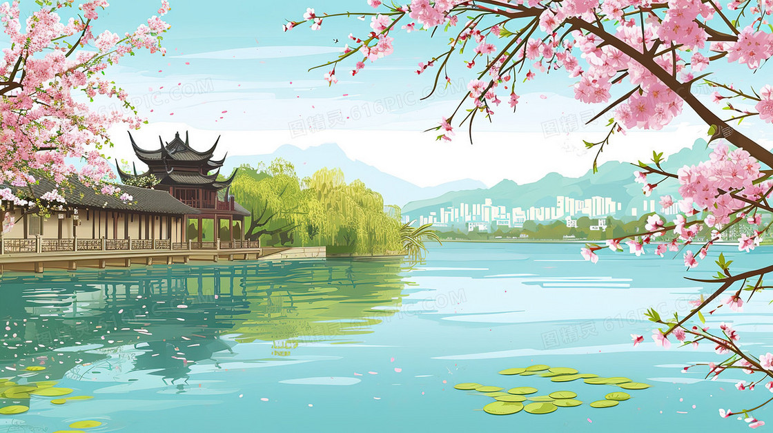 中国风古典园林山水风景插画