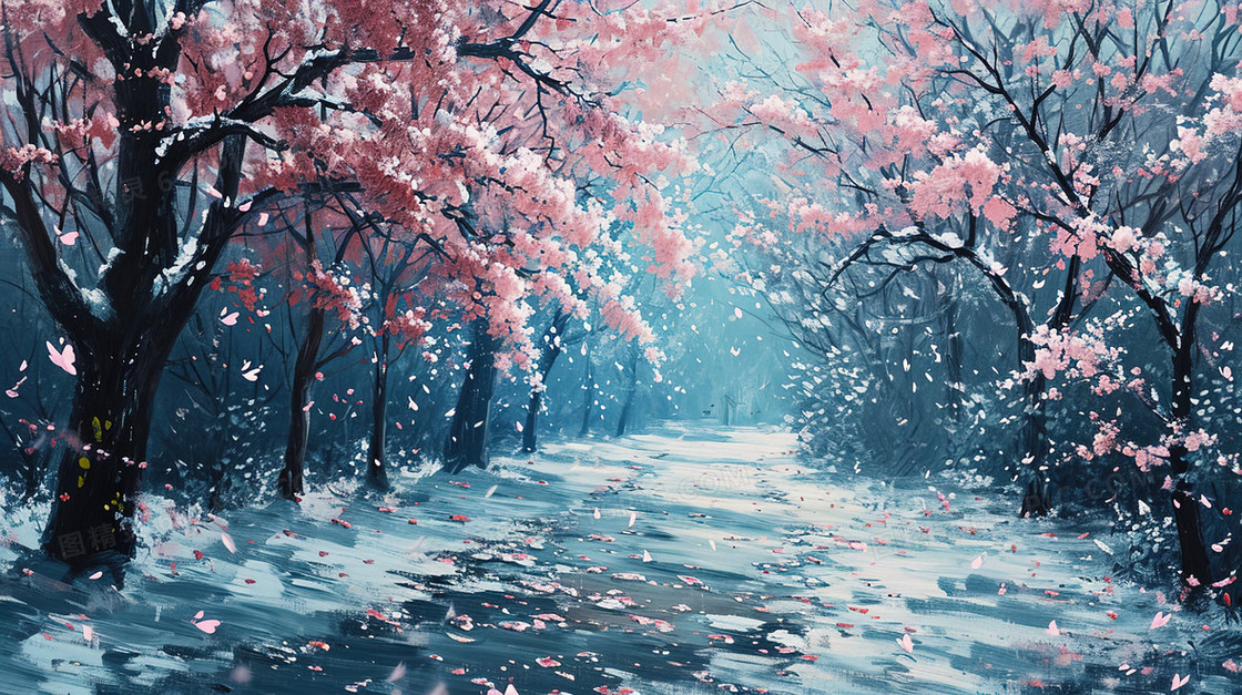 开满粉色花朵的小路唯美风景插画