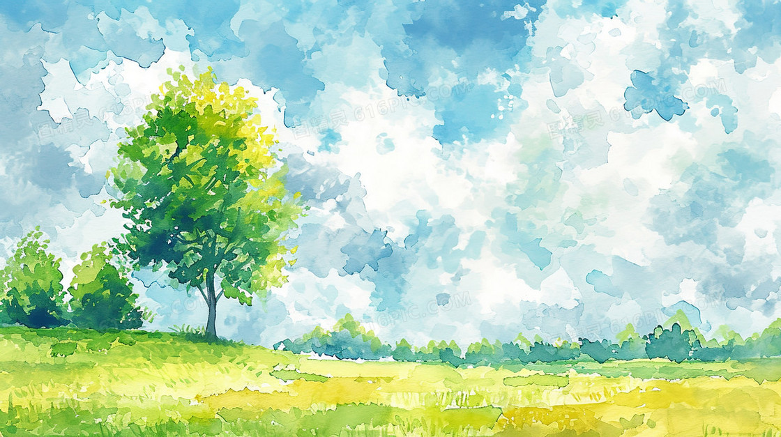 草地树木风景水彩晕染插画