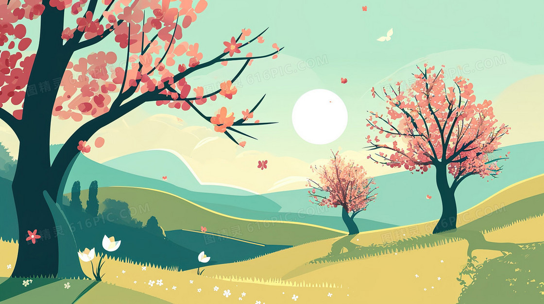春天山坡上的粉色花树风景插画
