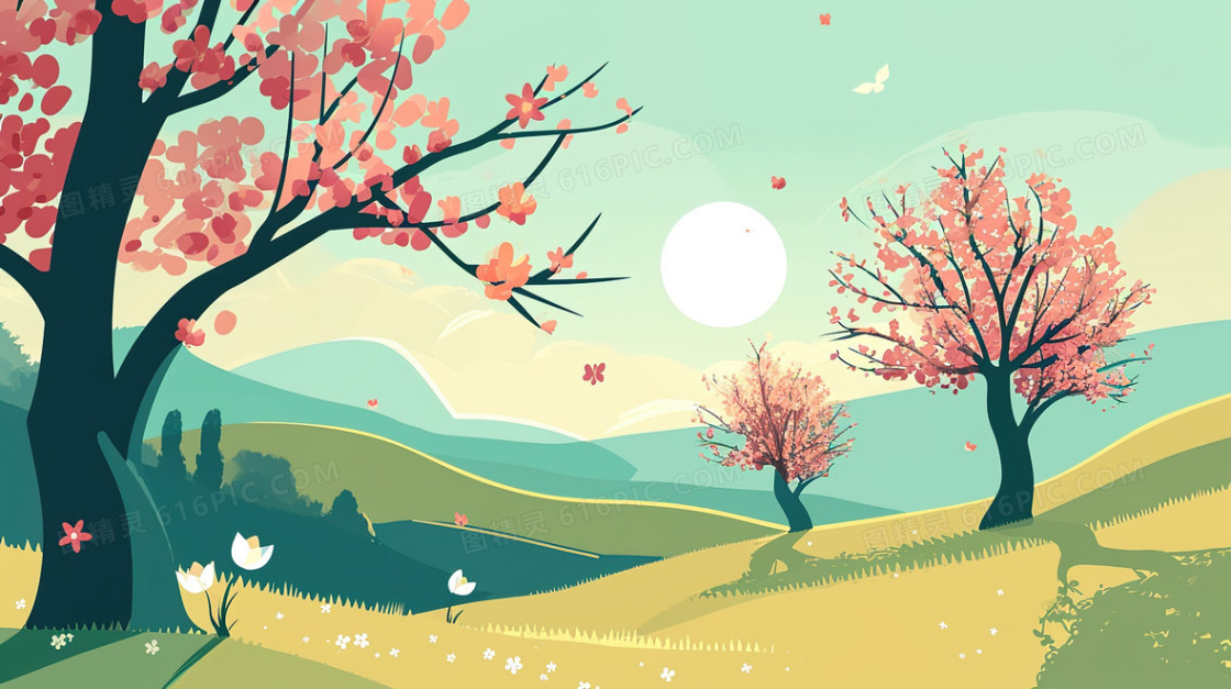 春天山坡上的粉色花树风景插画