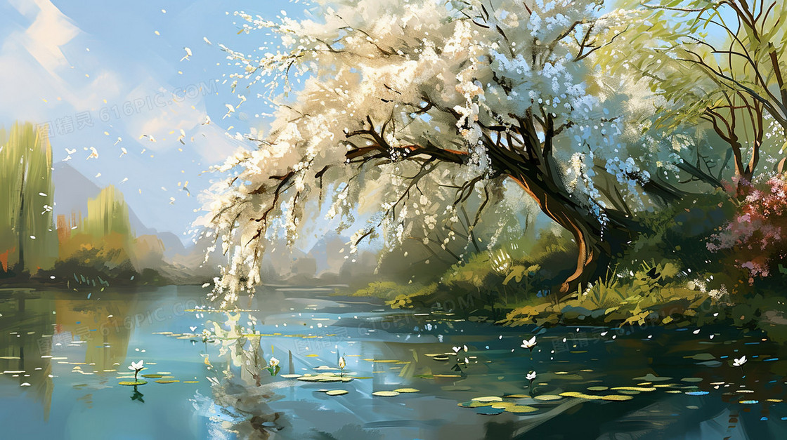 河边垂柳风景插画