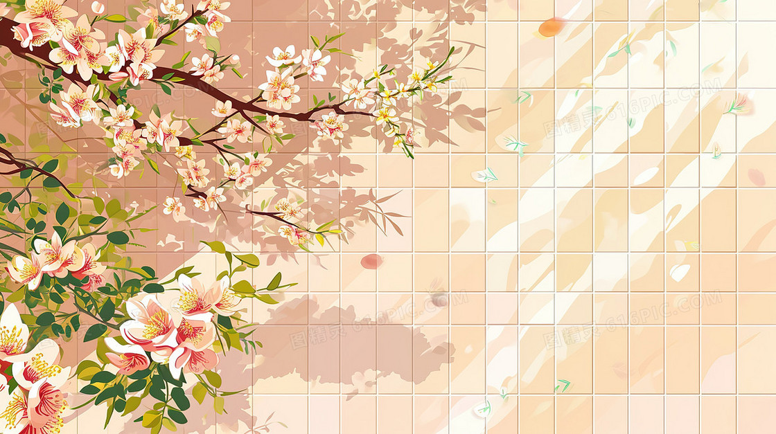 墙边的粉色桃花树枝插画