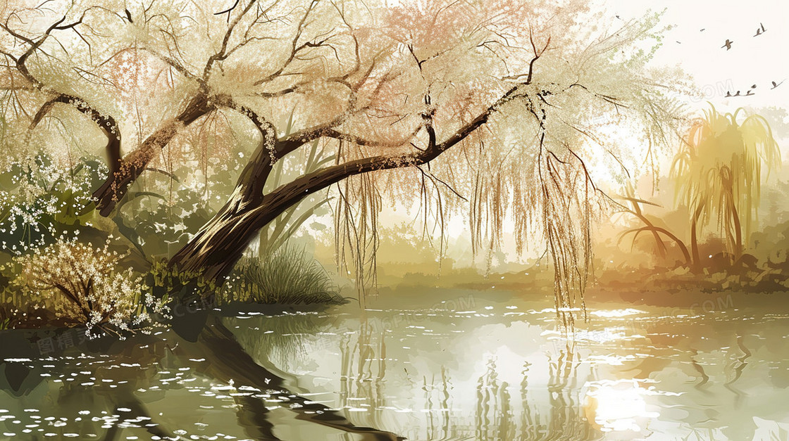 河边垂柳风景插画