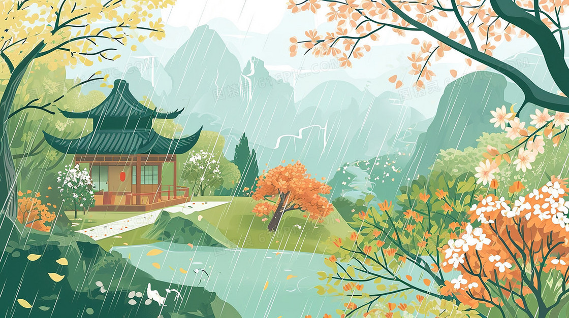 中国风春雨中的山水风景插画