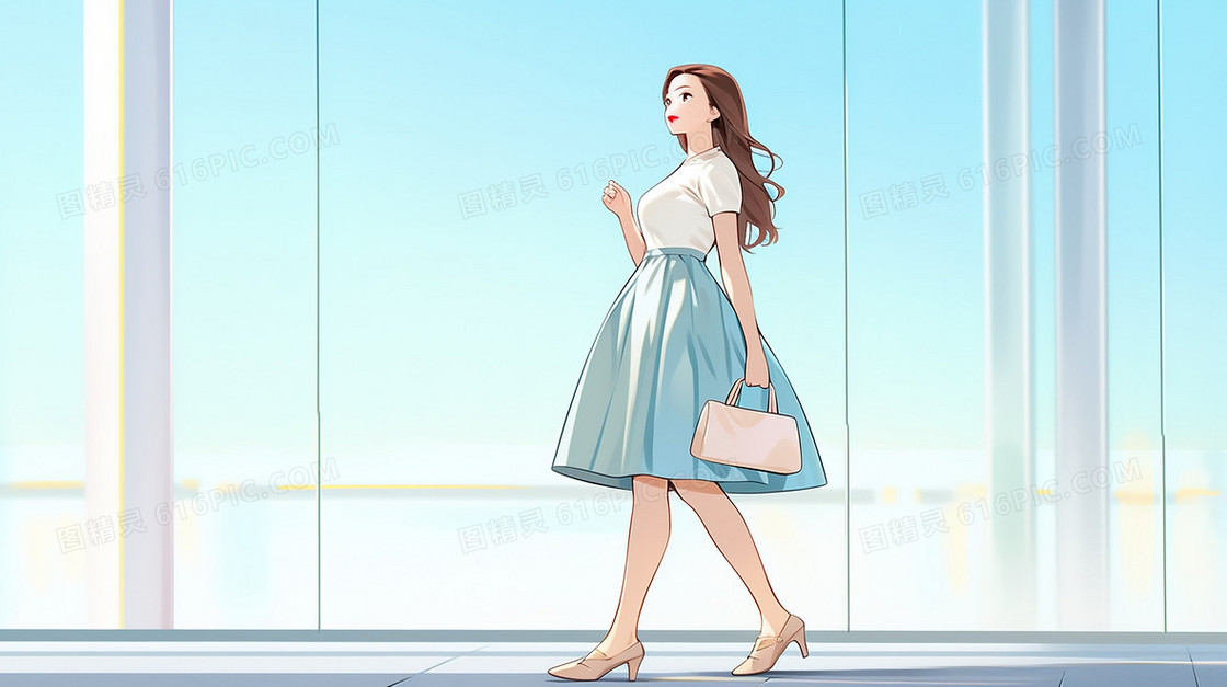 一个提着手提袋漫步的女生插画