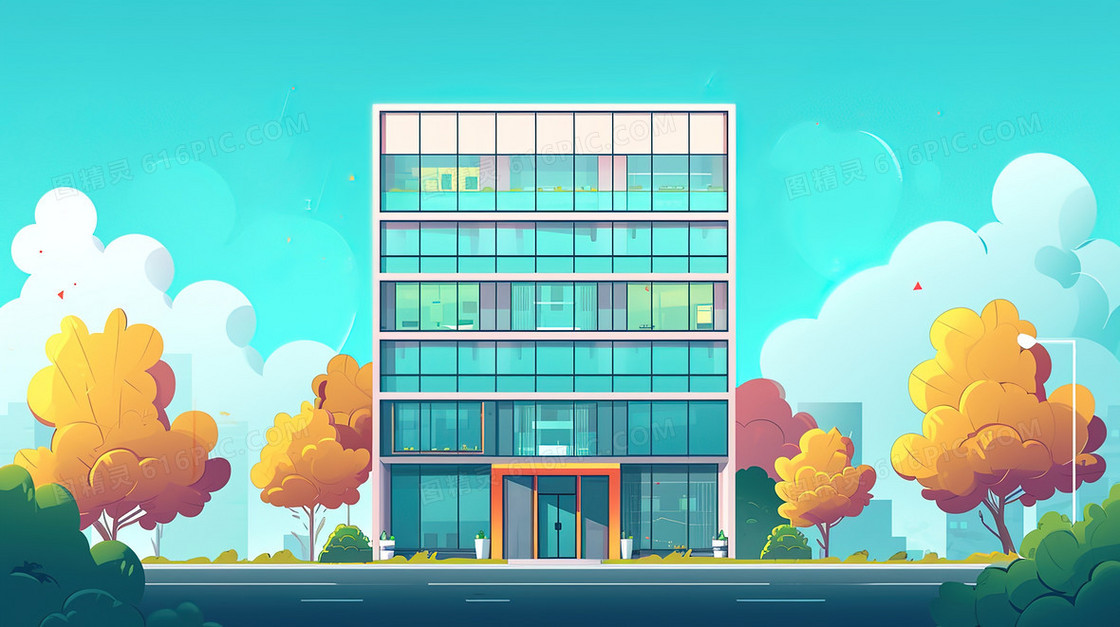 独栋办公楼建筑景观插画