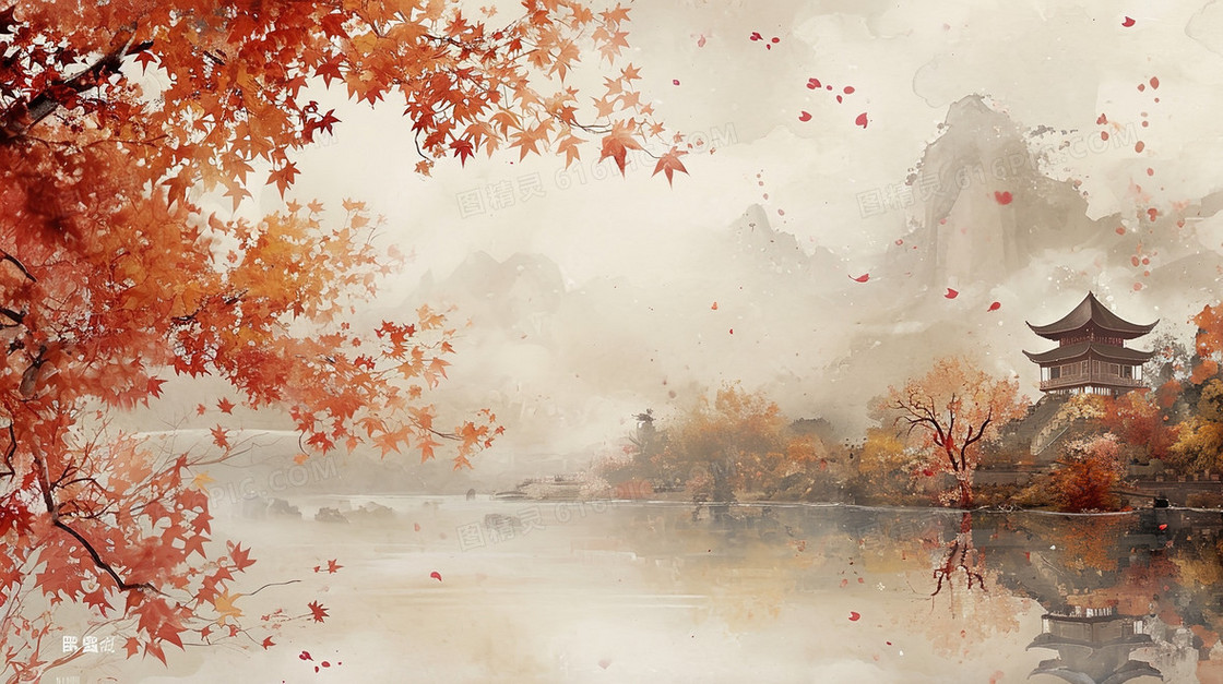中国风唯美山水建筑风景插画