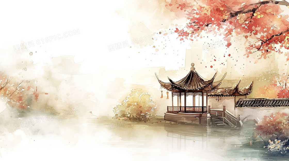 中国风唯美山水建筑风景插画