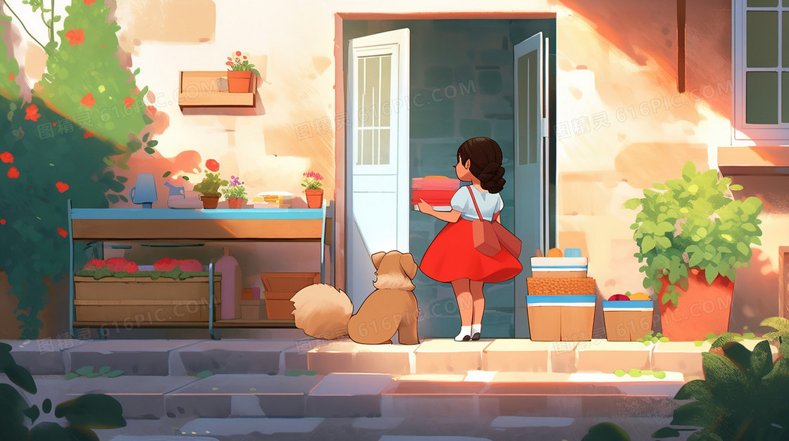 回家家门前的小女孩插画