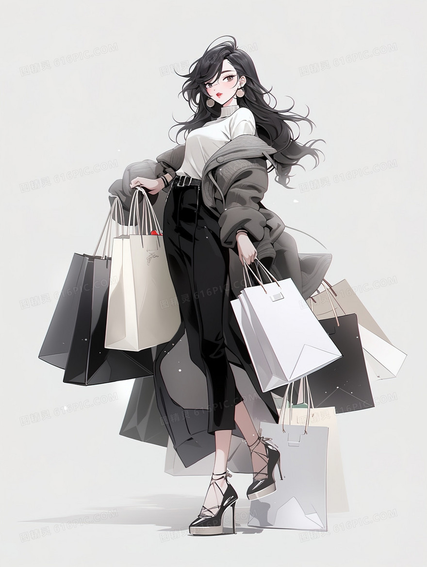 手上拿满购物袋的漂亮女士插画