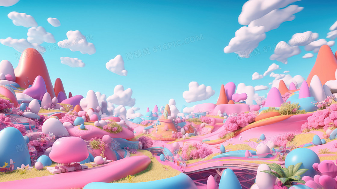 C4D童话世界粉色山地树林插画