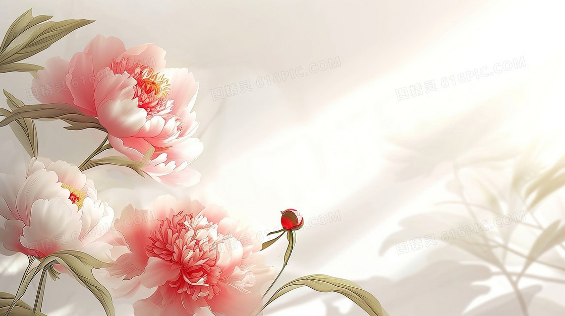 红牡丹鲜花装饰工笔画插画