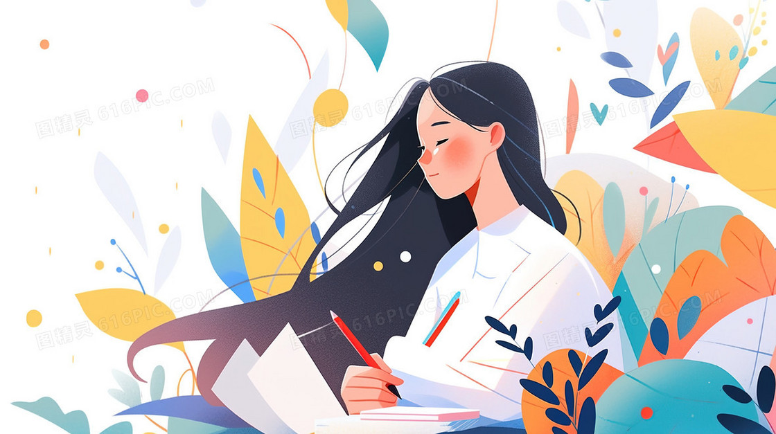 认真工作的女生插画