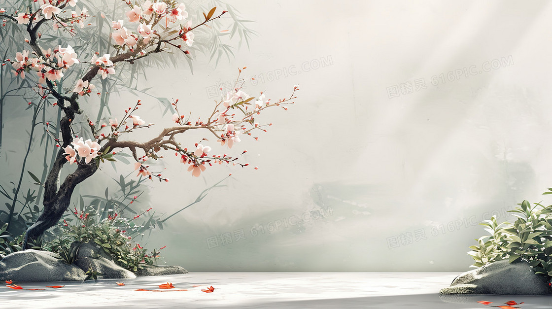 中国风花卉风景水墨插画