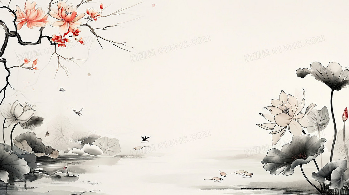 中国风花卉风景水墨插画