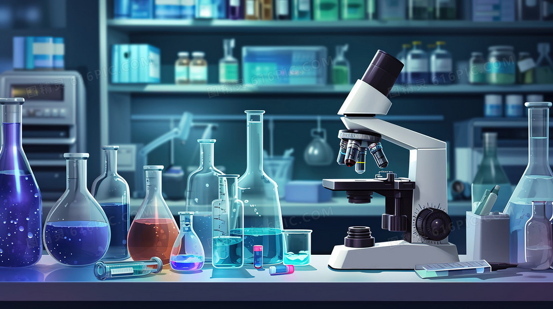 实验室里的显微镜与化学药剂插画