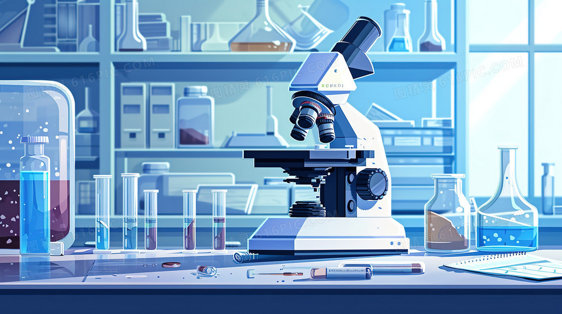 实验室里的显微镜与化学药剂插画