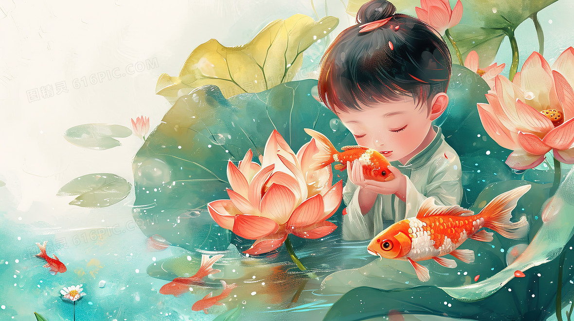 夏天可爱的男孩在荷花池中和锦鲤玩耍