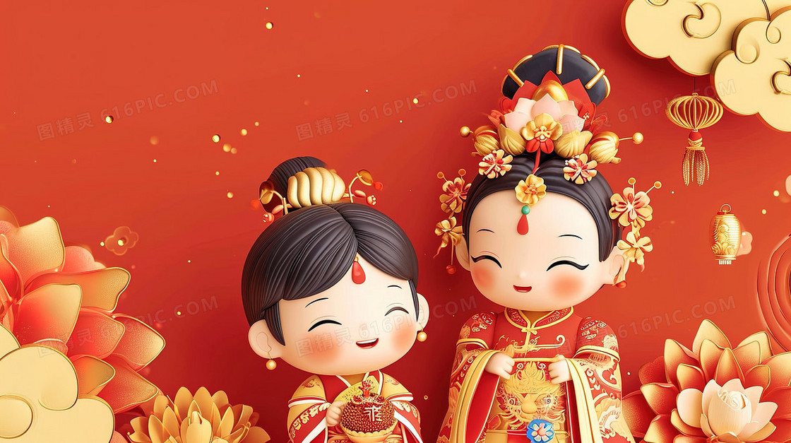 喜庆中国风可爱的古装少男少女节日造型