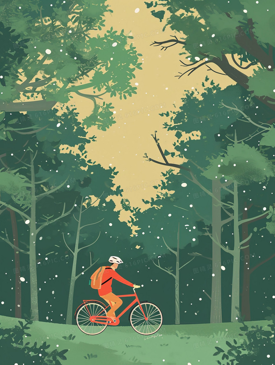 在树林中骑行风景插画