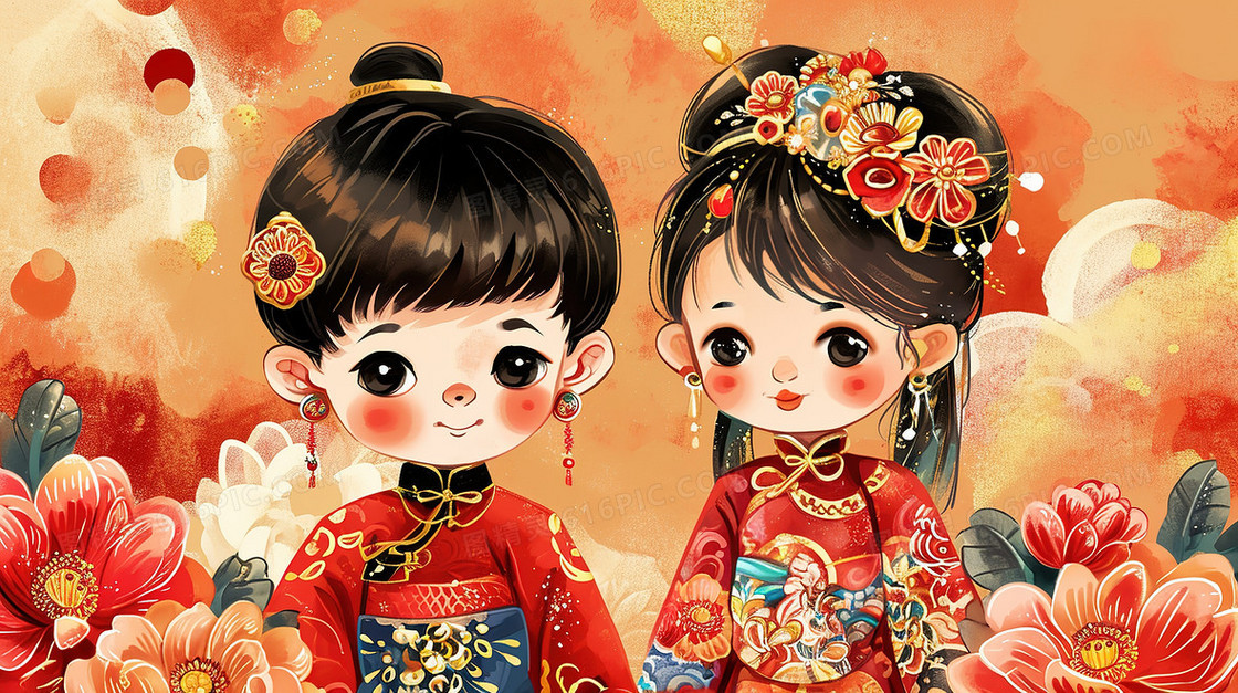 喜庆中国风可爱的古装少男少女节日造型