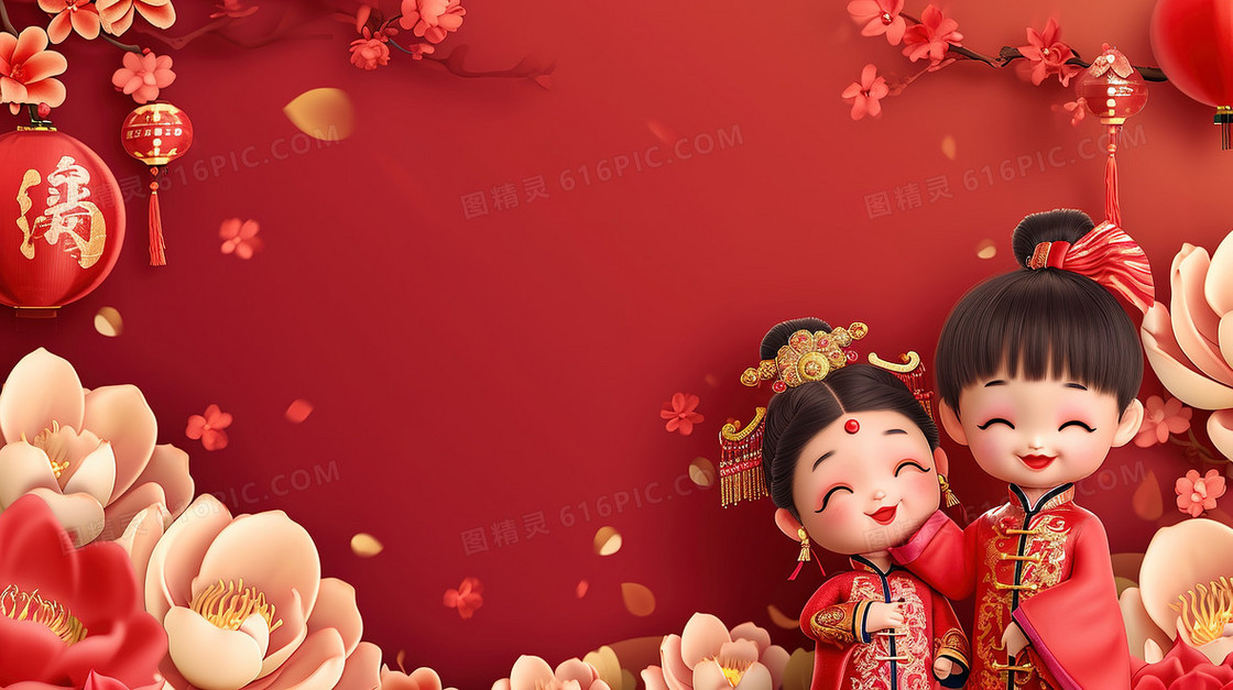 喜庆中国风可爱的古装少男少女节日造型