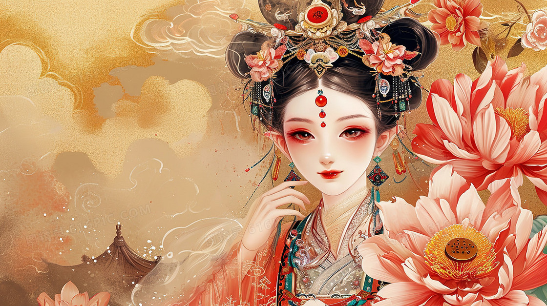 古风美女人像古装造型仕女图壁画