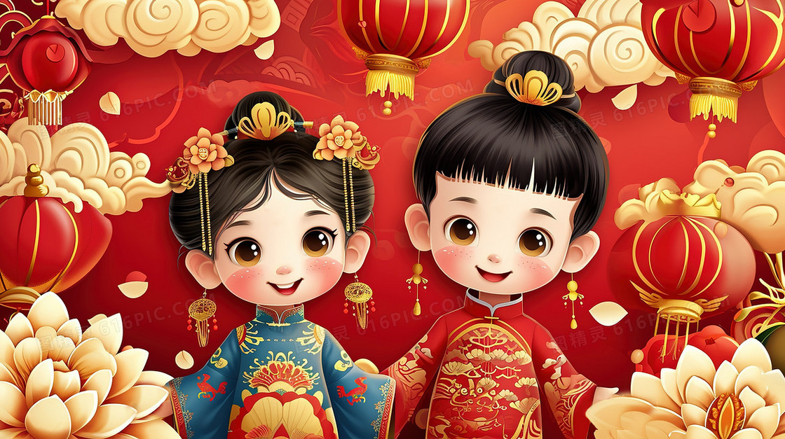 喜庆中国风可爱的古装少女节日造型