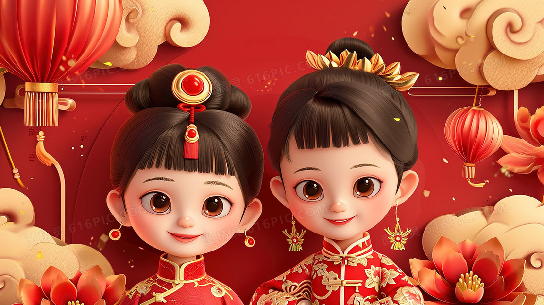 喜庆中国风可爱的古装少女节日造型