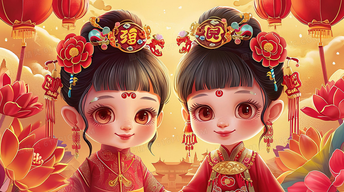 喜庆中国风可爱的古装少女节日造型