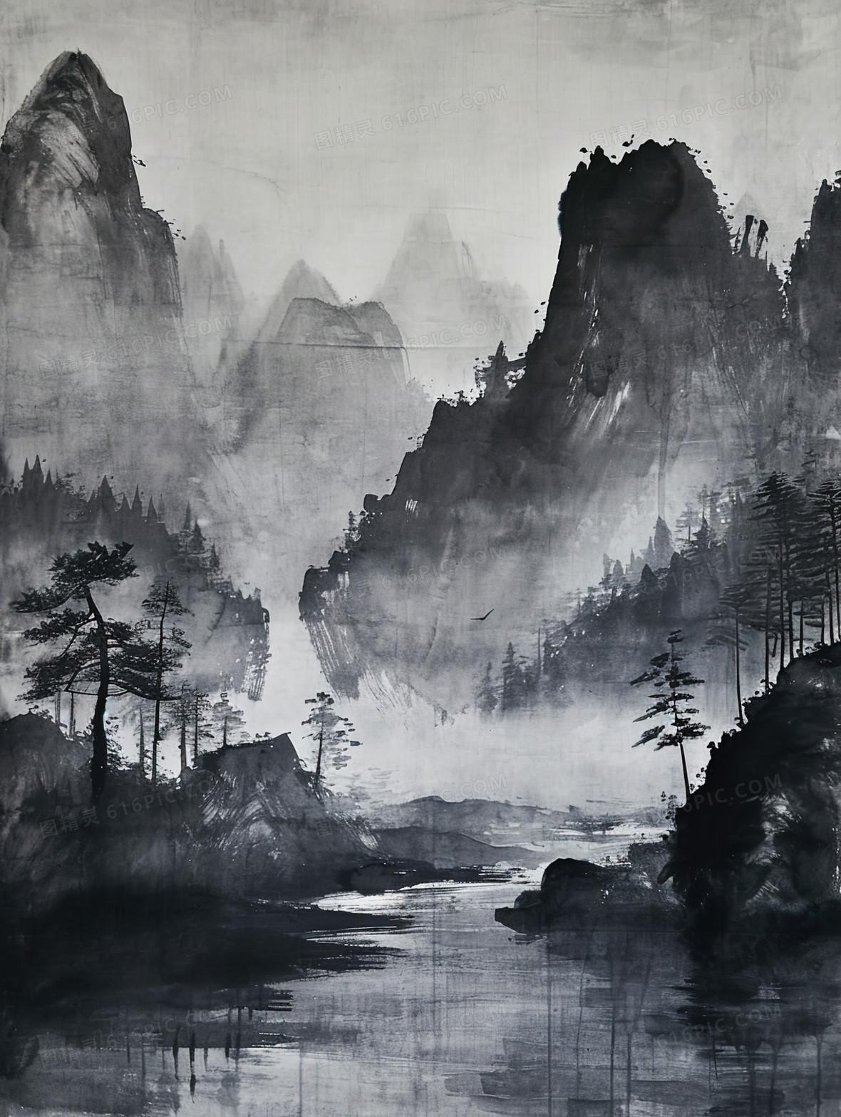 黑白中国风山水水墨风景插画背景图片下载