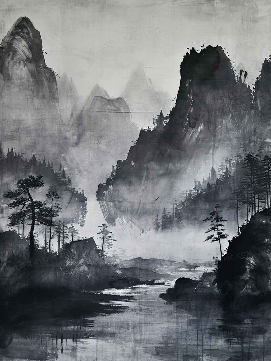 黑白中国风山水水墨风景插画
