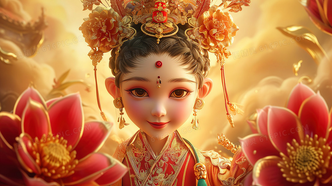 花丛中穿着精美古装造型的3D古风美女形象