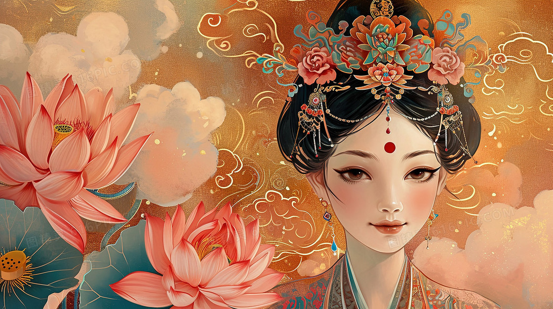 古风美女人像古装造型仕女图壁画