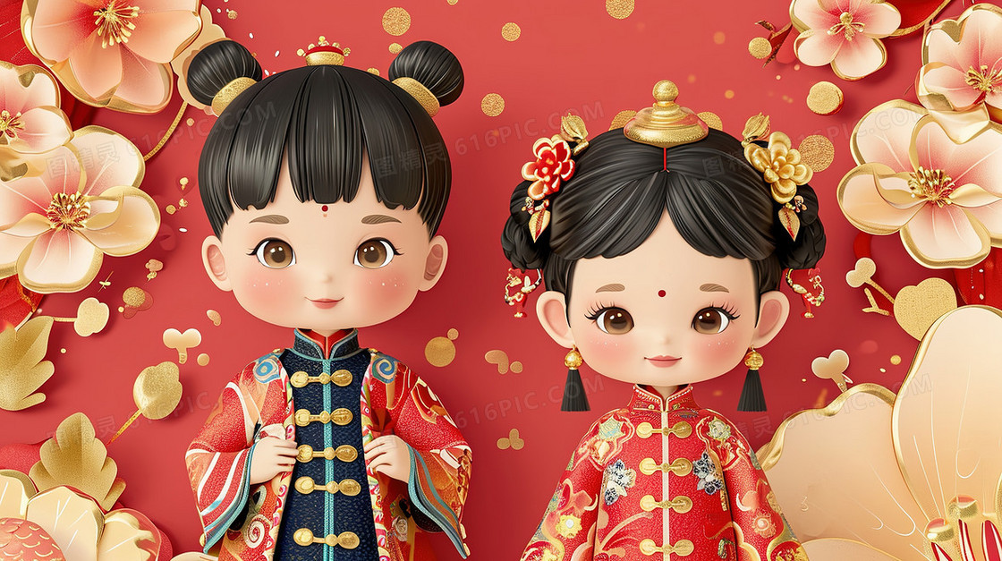 喜庆中国风可爱的古装少男少女节日造型