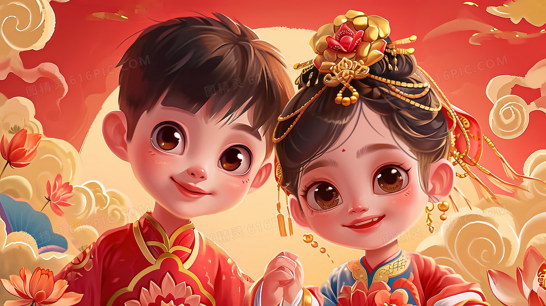 喜庆中国风可爱的古装少男少女节日造型