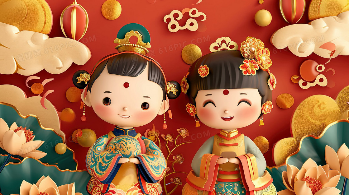 喜庆中国风可爱的古装少女节日造型