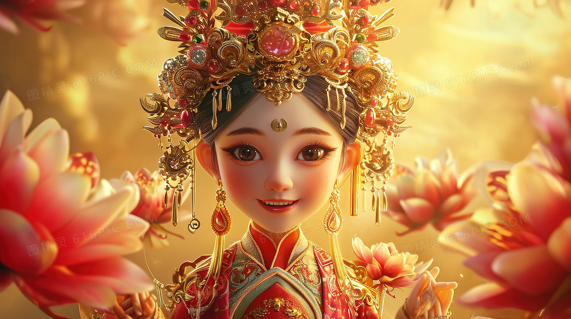 花丛中穿着精美古装造型的3D古风美女形象