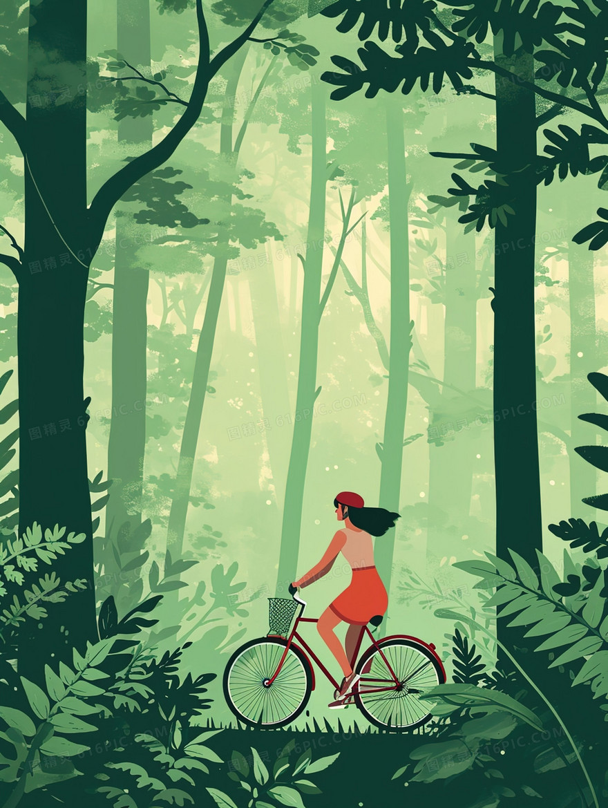 在树林中骑行风景插画