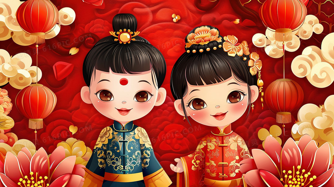 喜庆中国风可爱的古装少男少女节日造型
