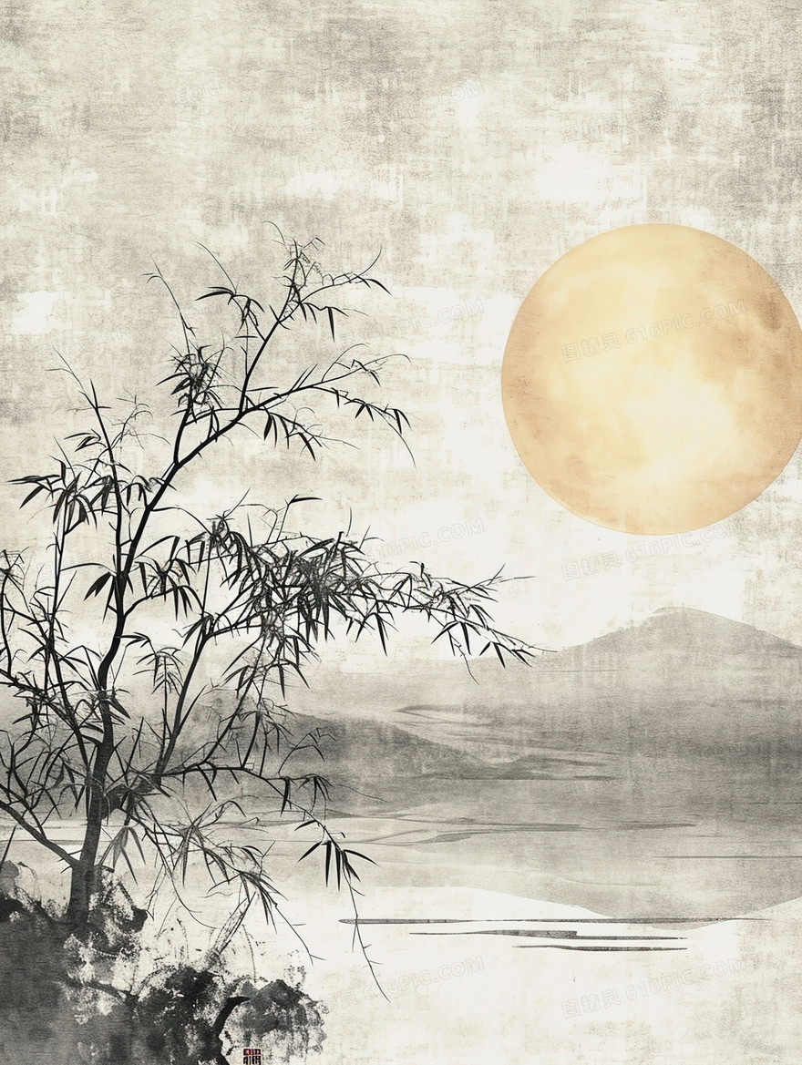 做旧中国风明月山水风景插画